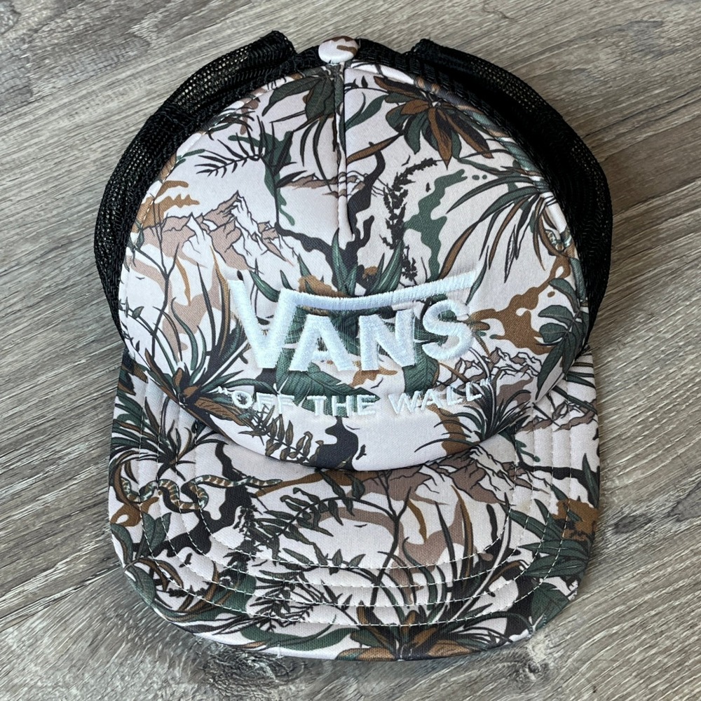 Vans Off The Wall Trucker Hat Camo Tropical Snake Print Snapback Black Mesh Cap